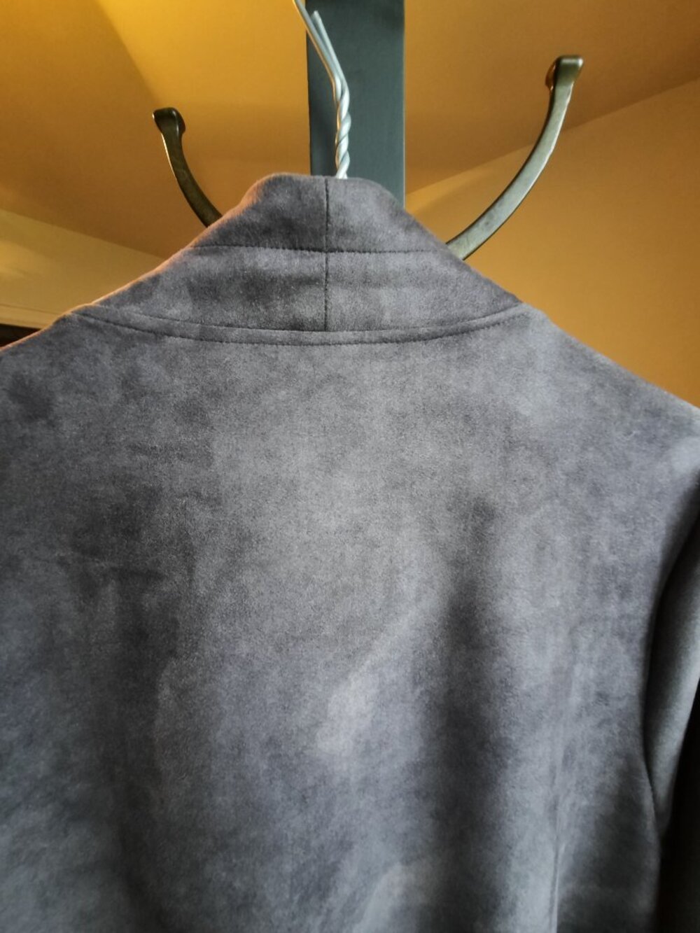 Long duster faux suede coat, statement floral print, soft lavender gray - Picture 7 of 9